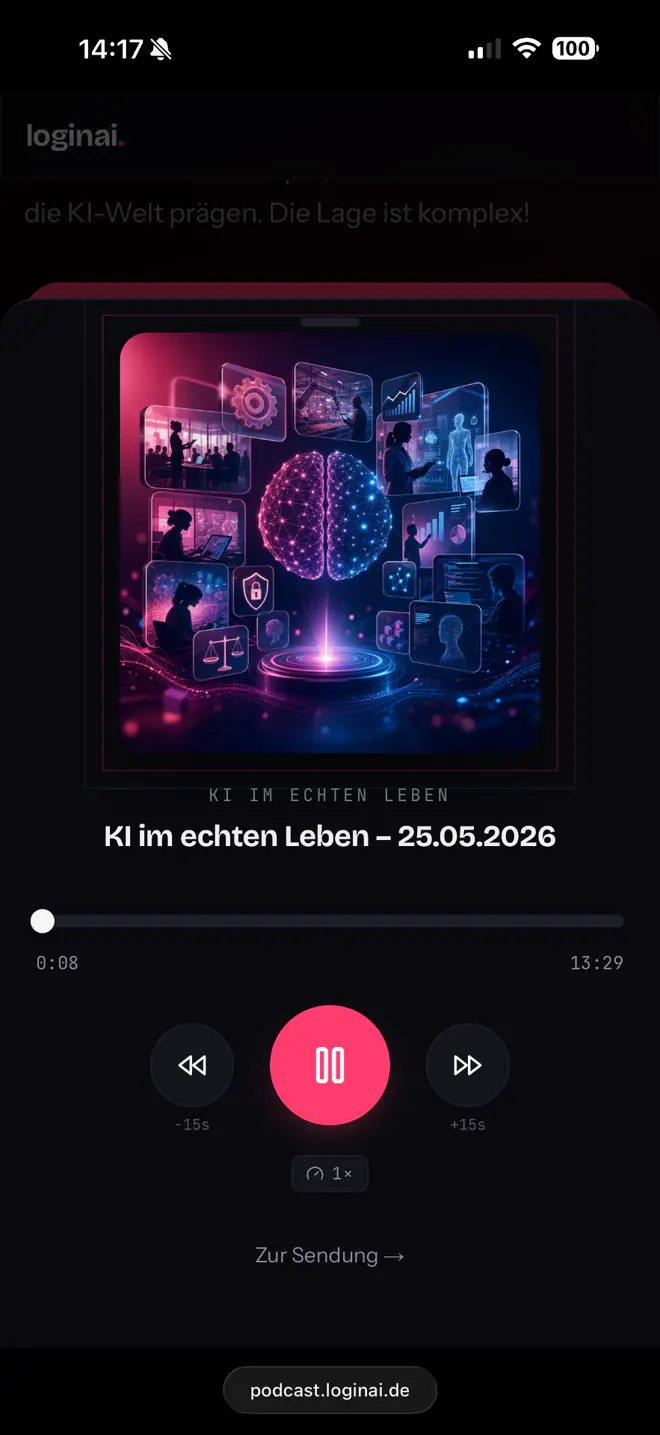 Wiedergabe auf podcast.loginai.de: Titelbild der Folge, Fortschrittsbalken, Laufzeit 13 Minuten 29 Sekunden und die Bedienelemente.