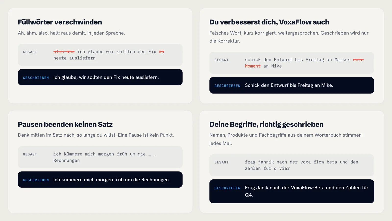 Vier Gegenüberstellungen von gesprochenem und geschriebenem Text. Aus „schick den Entwurf bis Freitag an Markus nein Moment an Mike“ wird zum Beispiel „Schick den Entwurf bis Freitag an Mike.“